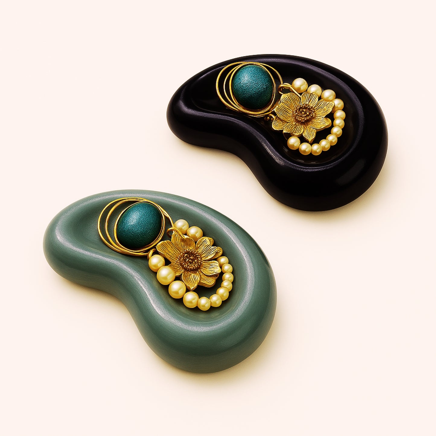 Two decorative items with floral designs and green and gold elements on a white background