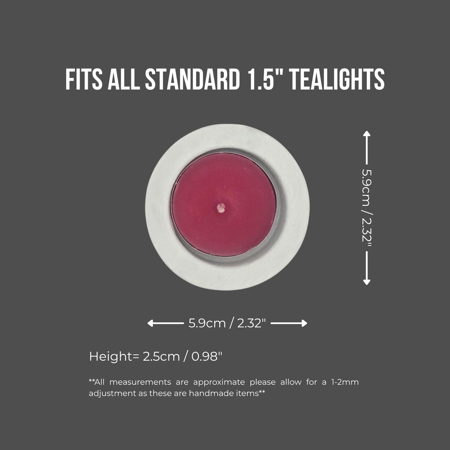 Measurement chart for a tealight candle holder with dimensions and fit information.