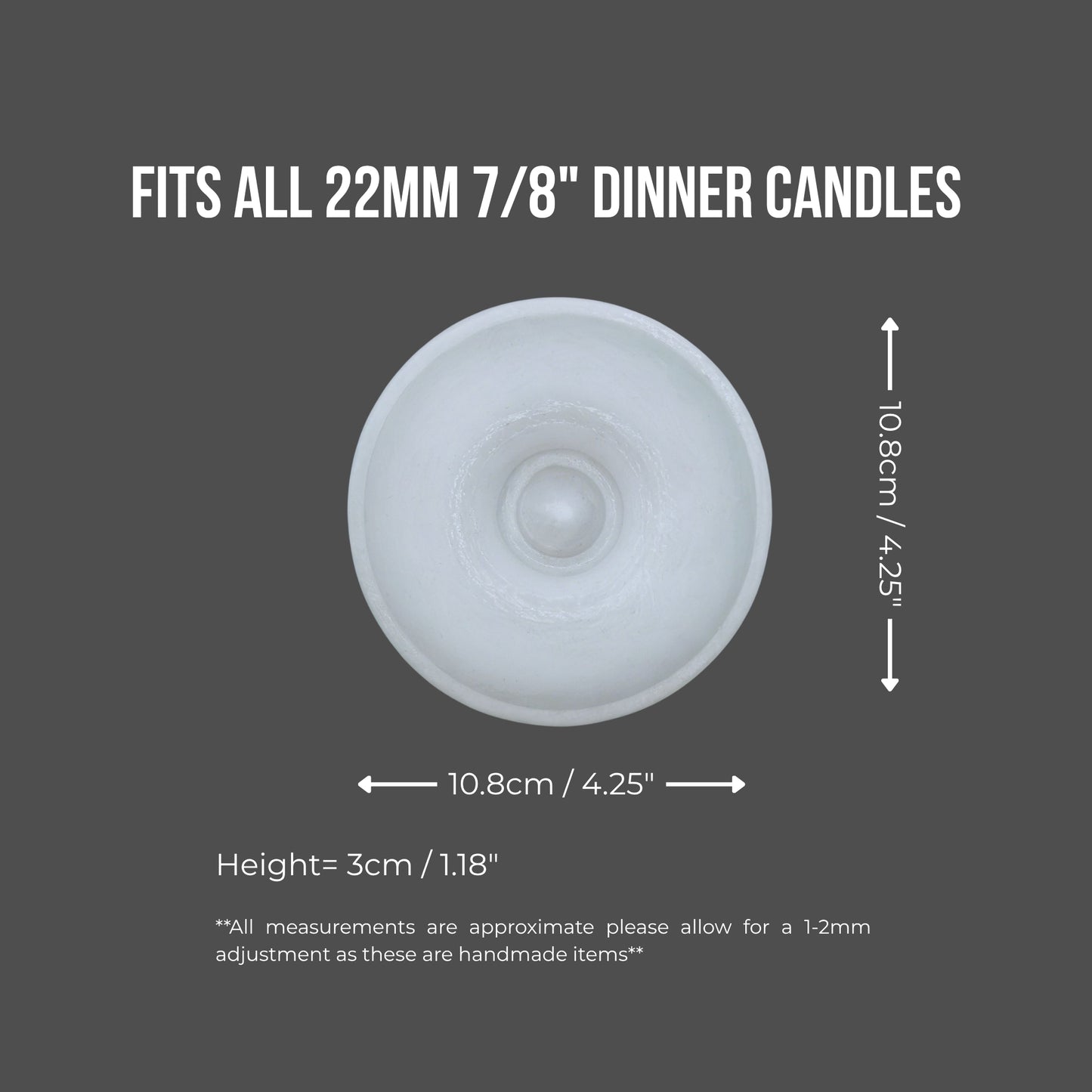 Measurement chart for a candle holder with dimensions on a gray background