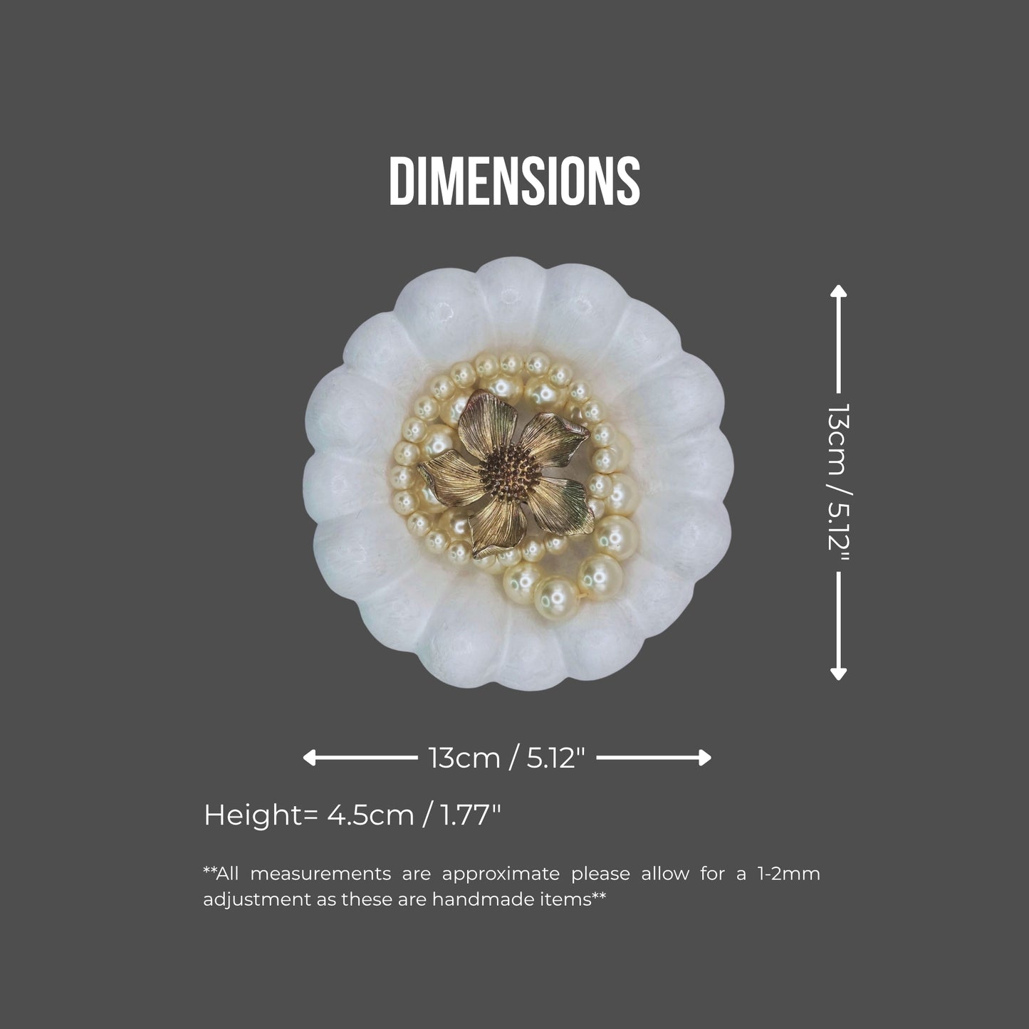 Decorative Cloud Jewellery Bowl with pearl-like design and measurements on a gray background