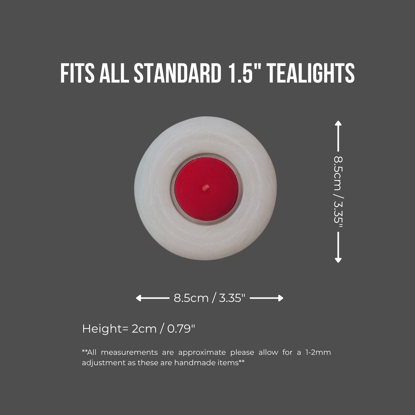 Tealight holder with dimensions and fit information on a gray background