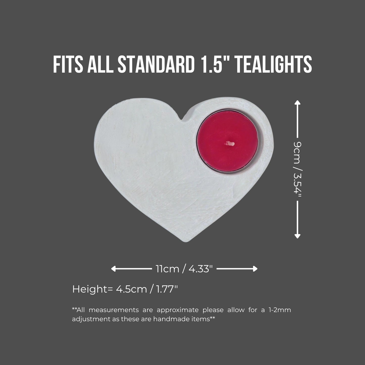 Heart-shaped candle holder with a red tealight on a gray background, showing measurements.