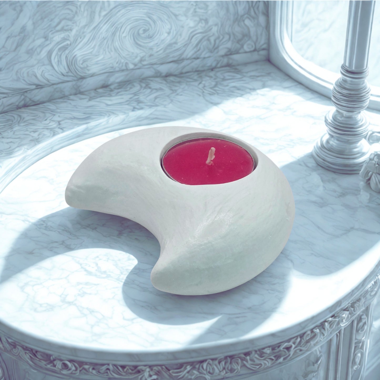 White Moon tealight holder with a pink center on a marble surface