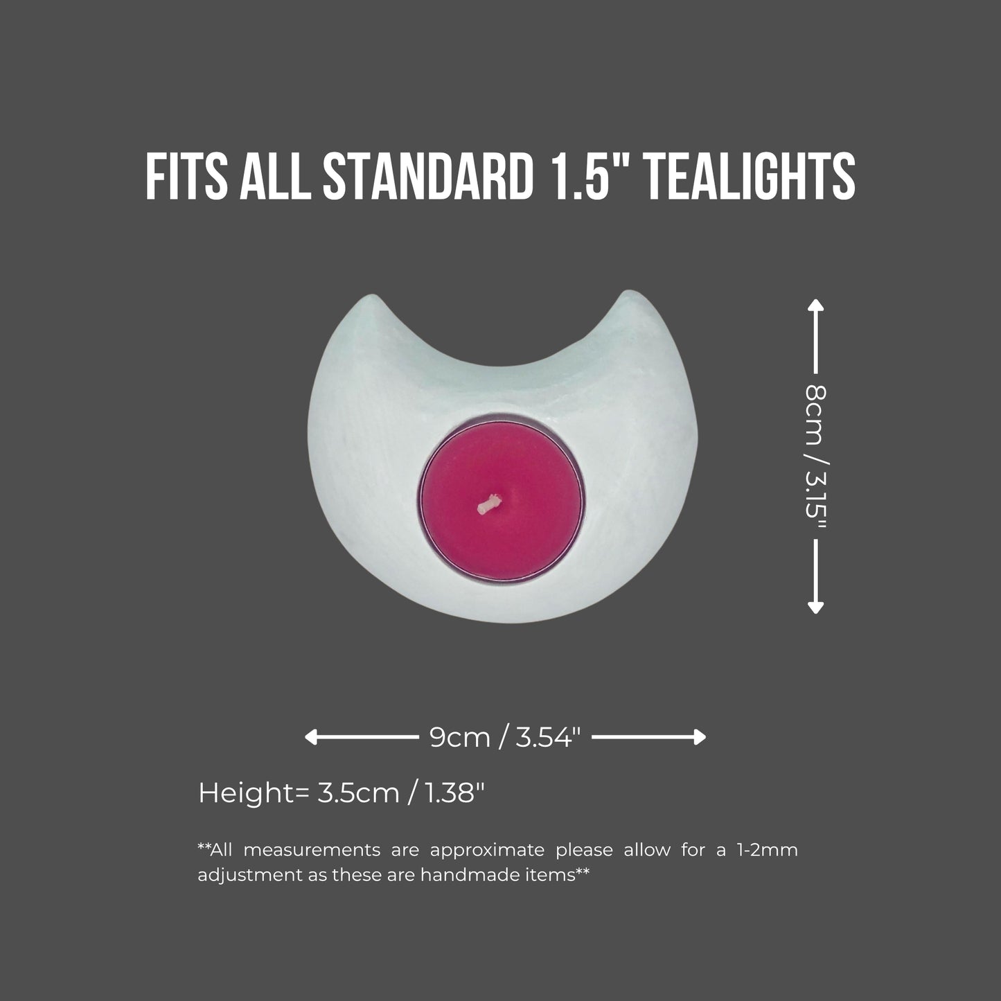 Tealight holder with dimensions and fit information on a gray background