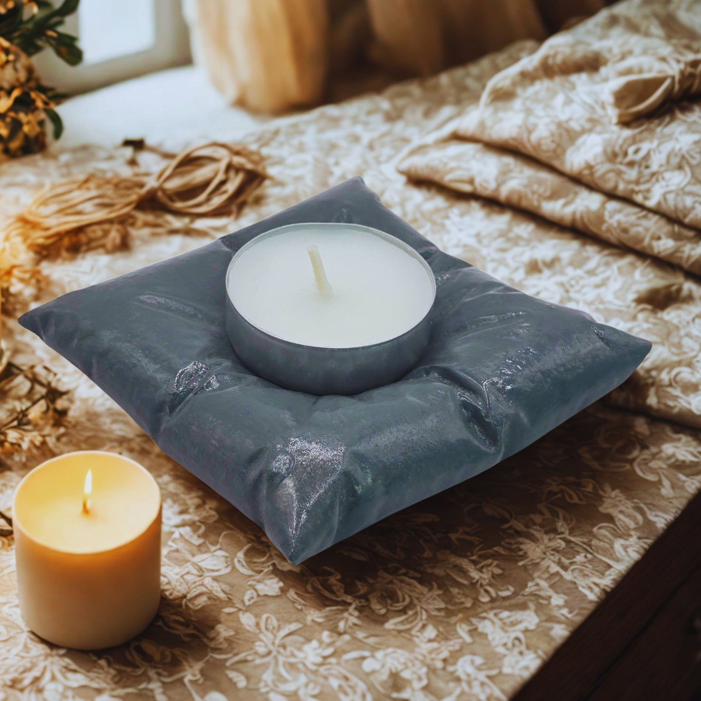 Candle on a decorative pillow tealight holder with another candle beside it on a patterned surface