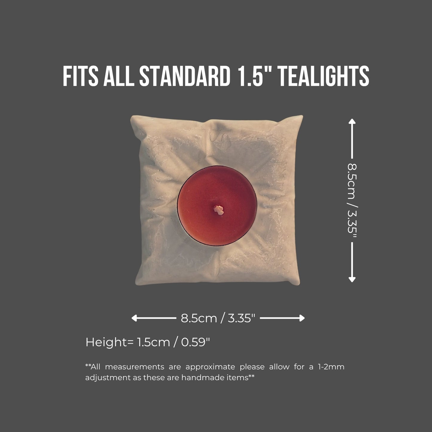 Red candle in a white holderwith measurements on a gray background
