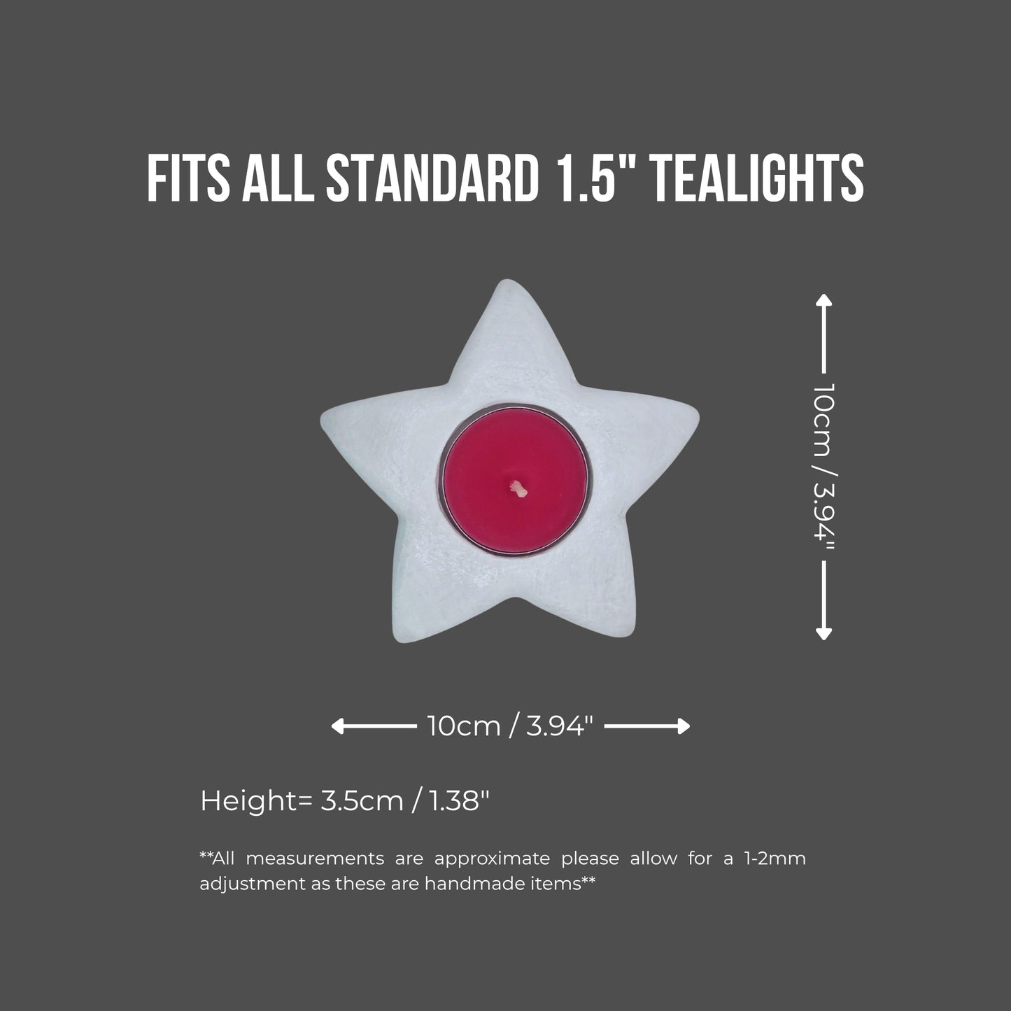 Star-shaped tealight holder with dimensions on a gray background
