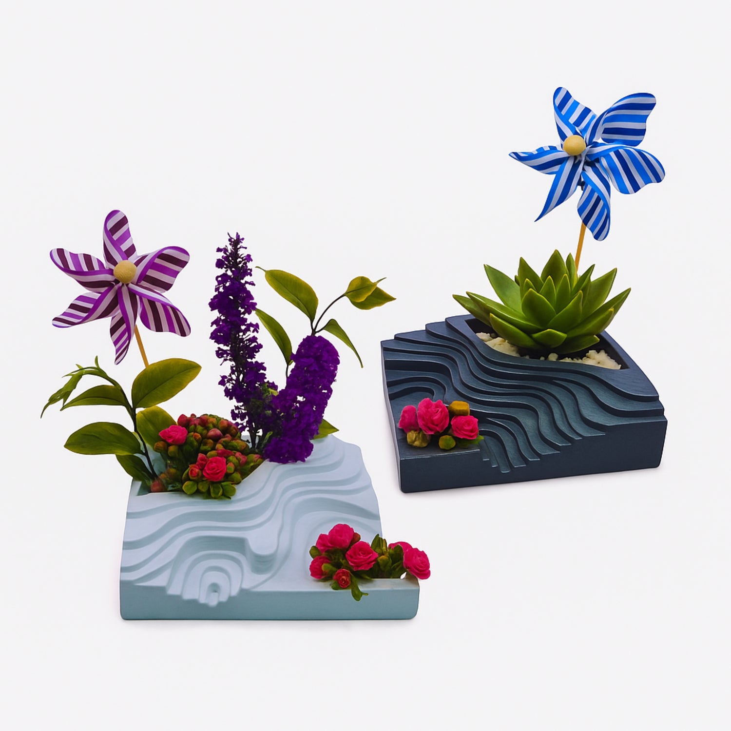 2 succulent planters with plants on a white background