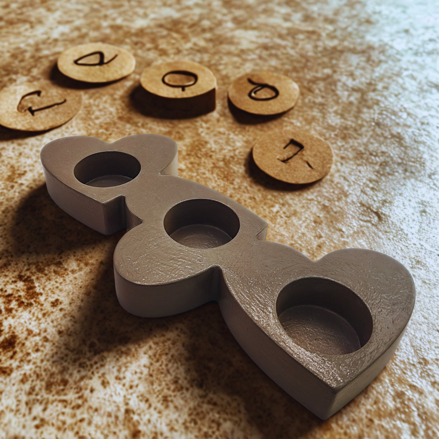 Triple Heart tealight holder on a textured surface