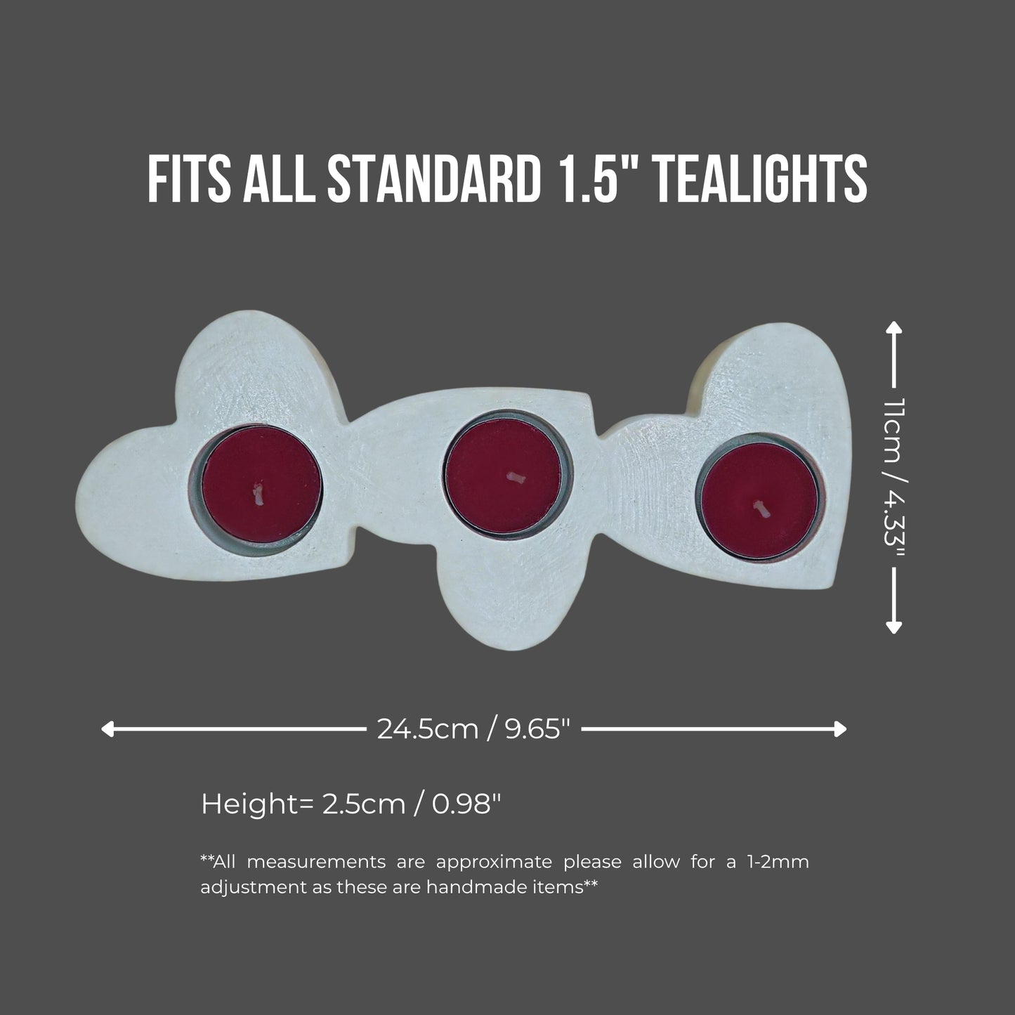 Measurement chart for an object with three tealights on a gray background