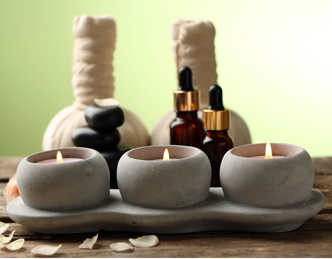 Concrete home decor, three tealights made of concrete on a table
