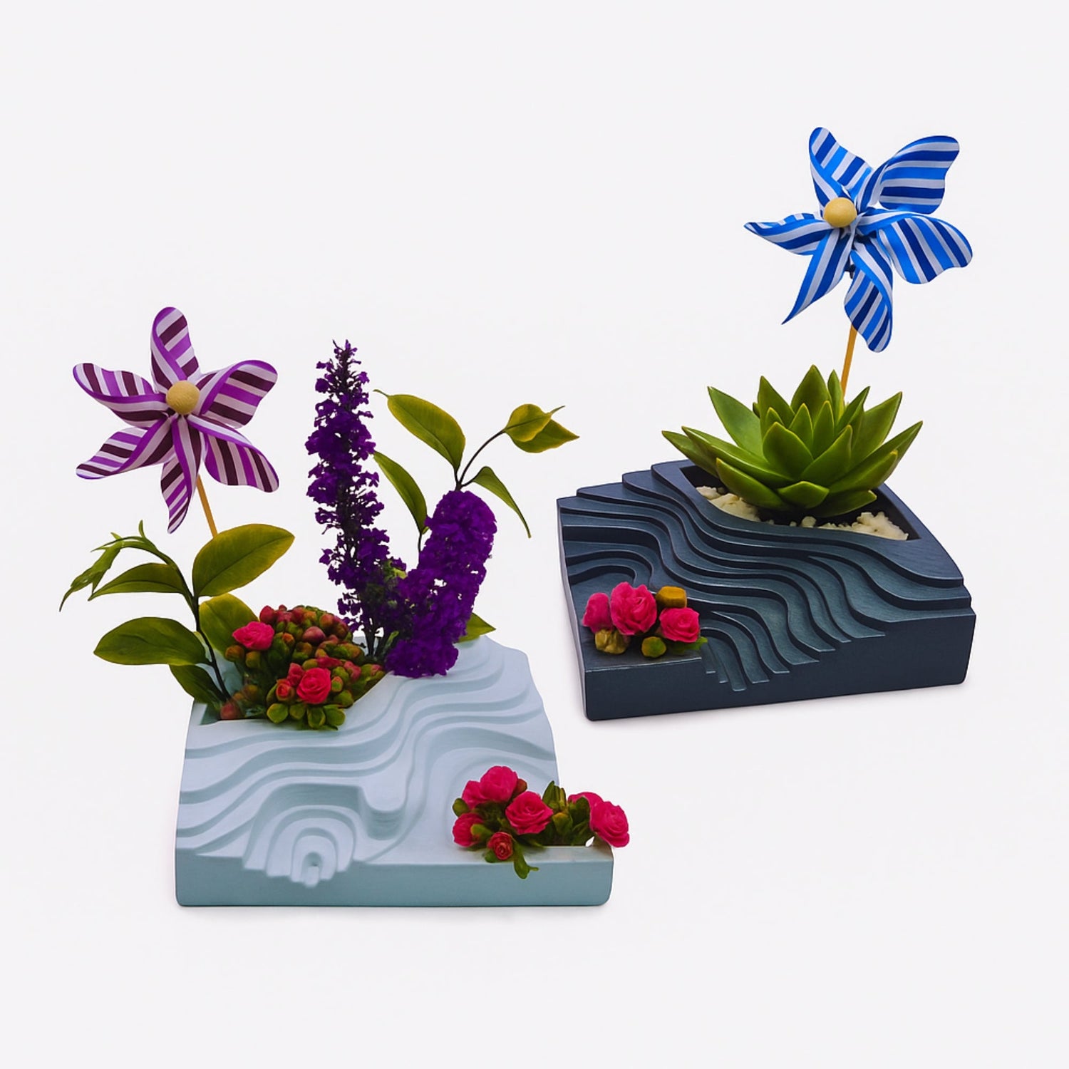 Wholesale Plant pots an image of two, with succulent plants and windmills
