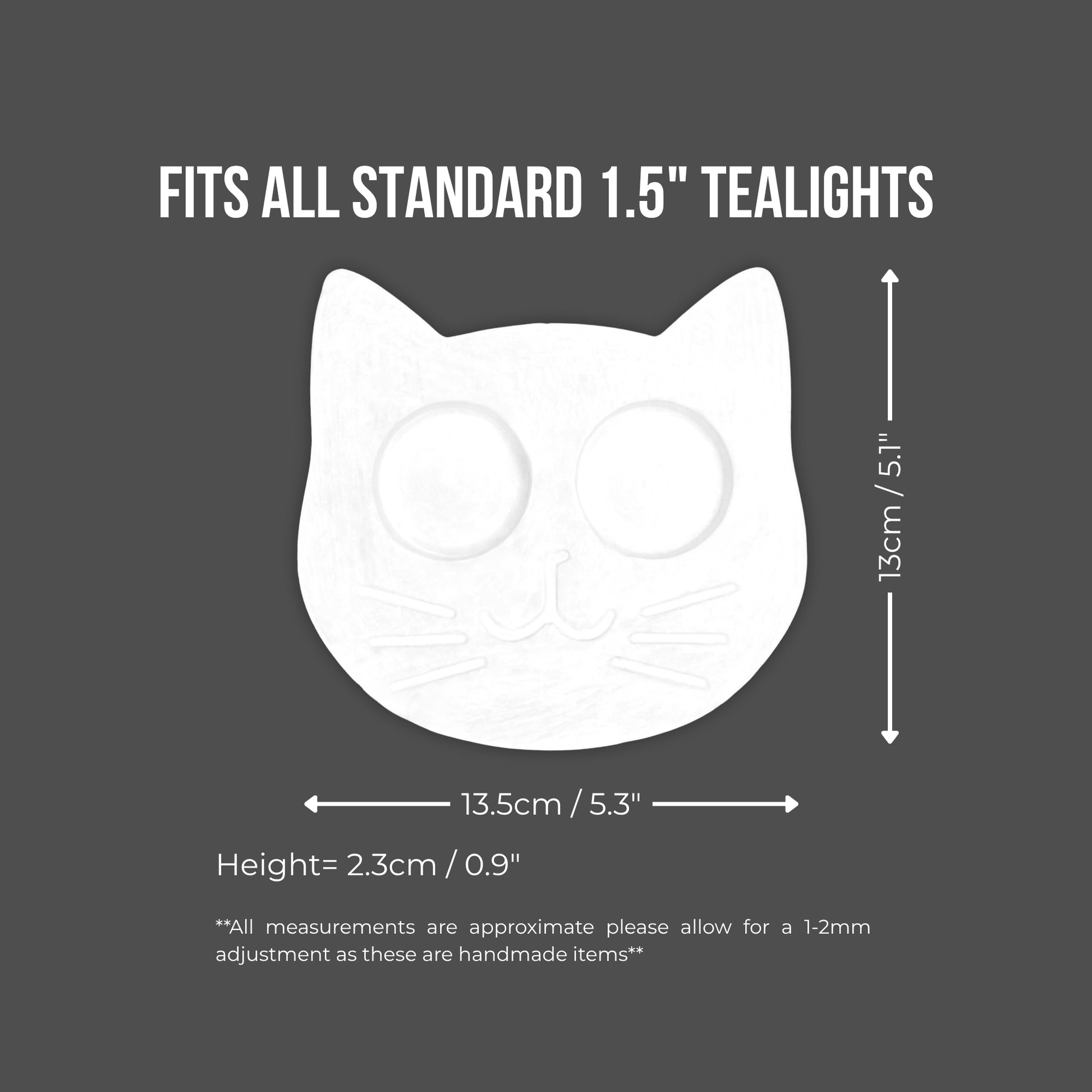 Measurement chart for a cat-shaped tealight holder on a gray background