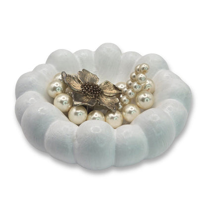 White Cloud Jewellery Bowl with a gold flower clasp on a white background