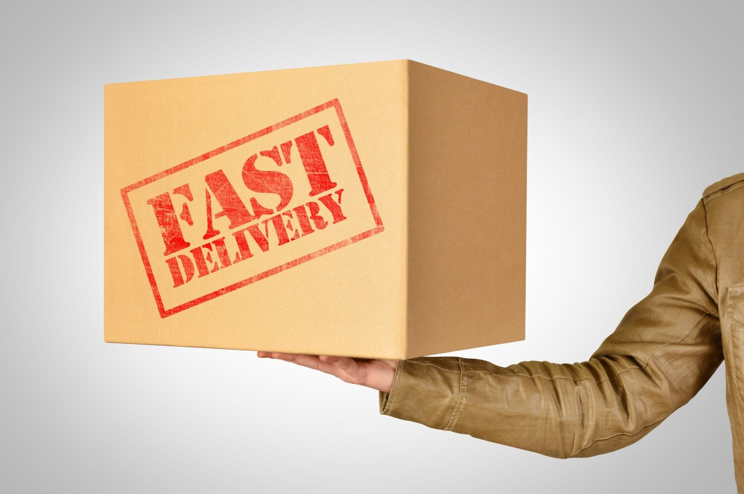 a person holding a box stamped 'Fast Delivery'