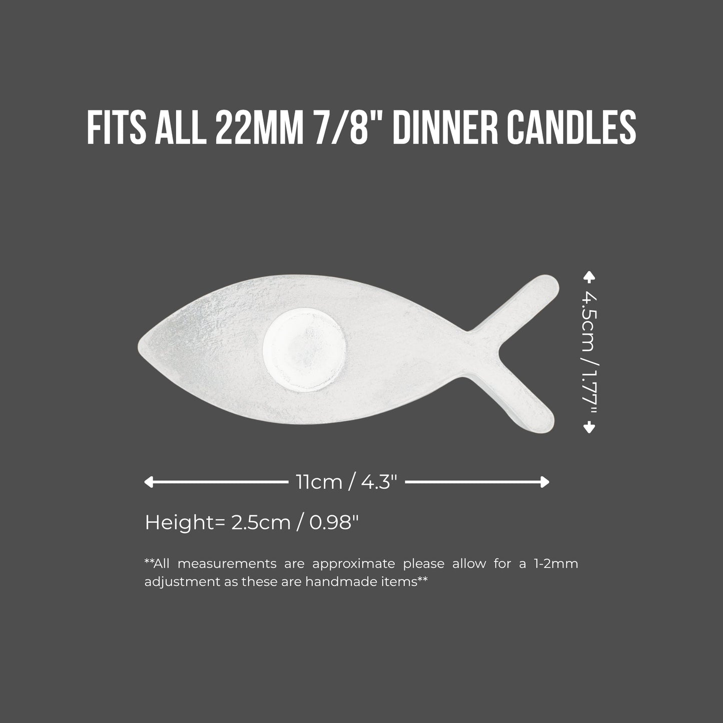 Measurement chart for fish-shaped candle holders on a gray background