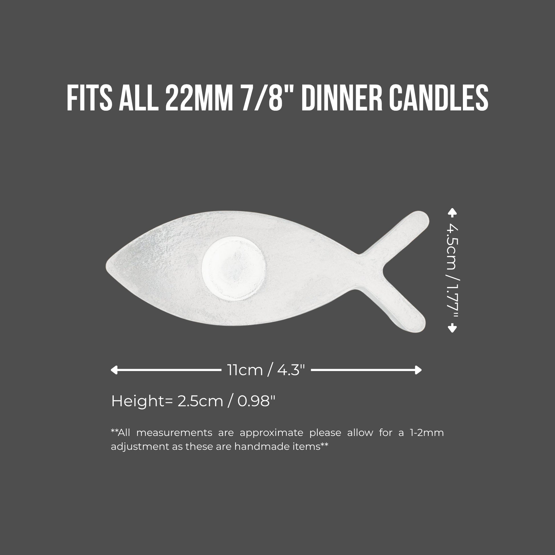 Measurement chart for fish-shaped candle holders on a gray background
