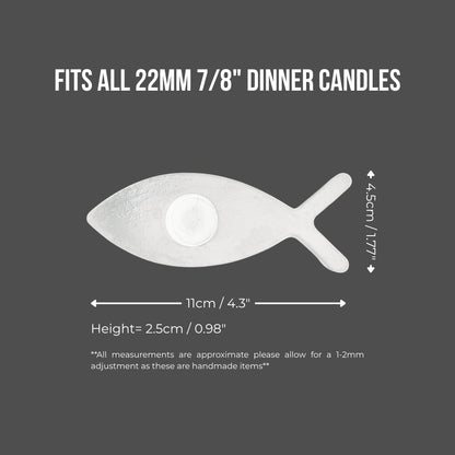 Measurement chart for fish-shaped candle holders on a gray background