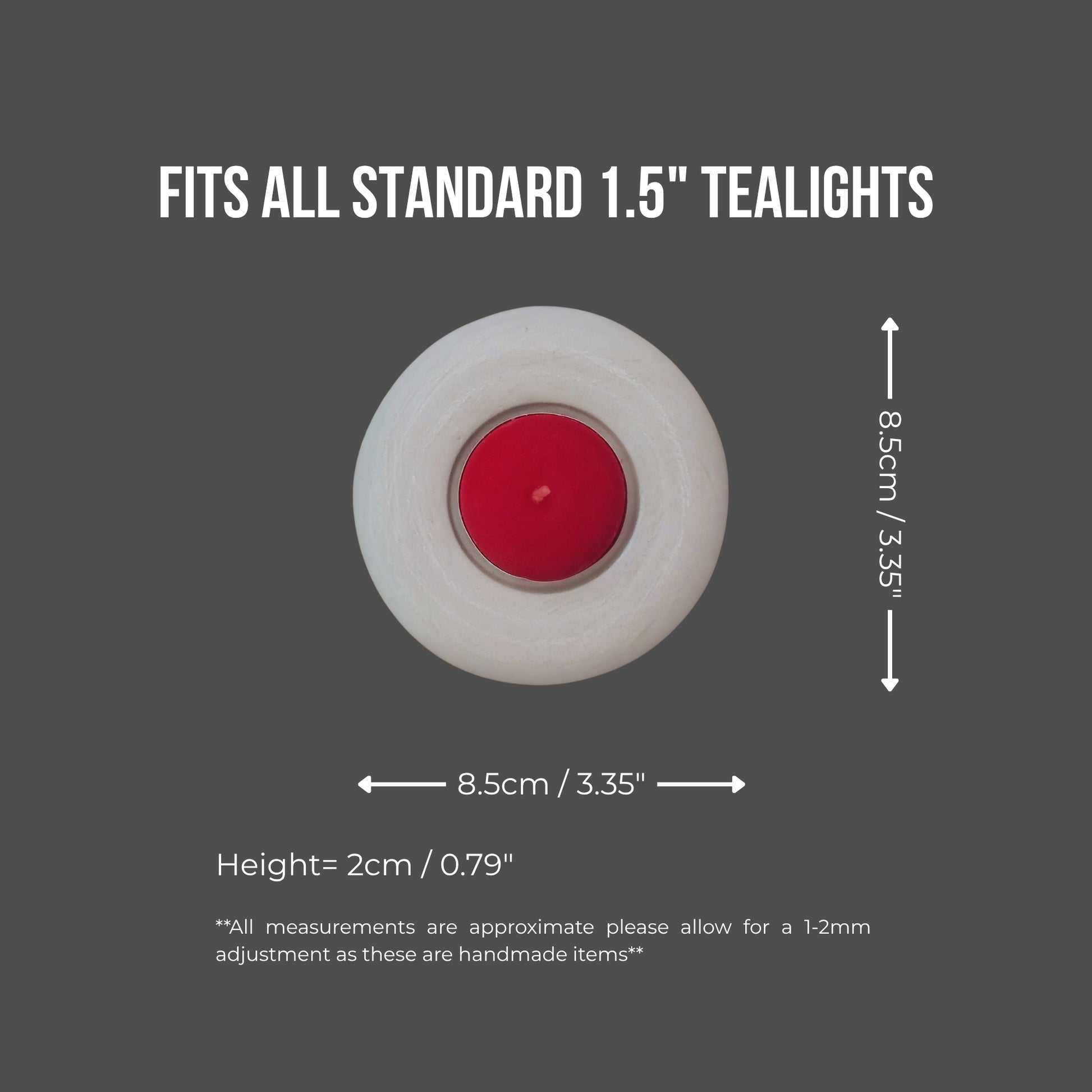 Tealight holder with dimensions and fit information on a gray background