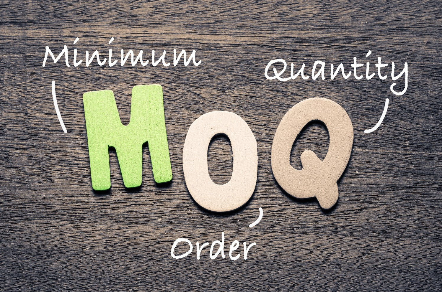 Wooden MOQ letters on a wooden desk with the words 'minimum order quantity'
