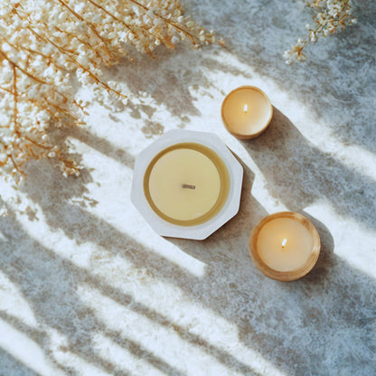 Two candles in hexagonal holders on a textured surface with dried flowers.